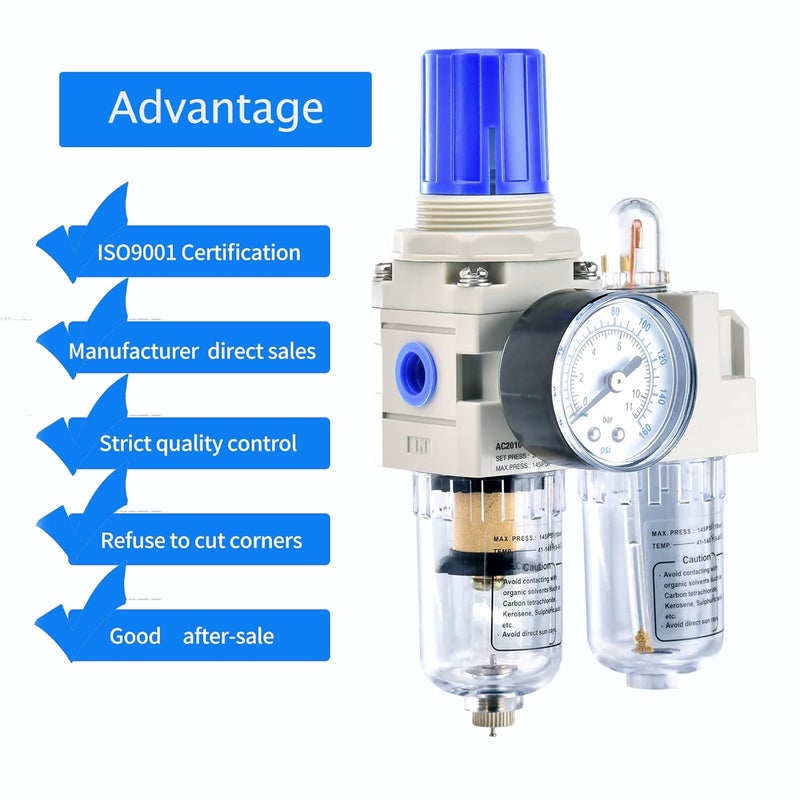 BLCH 1/4" NPT Air Compressor Water Separator - Air Pressure Regulator Compressed Air Filter Regulator Lubricator Combo AC2010-02 Manual Drain Poly Bowl Gauge 0-160 PSI 5μm Brass - Image 5